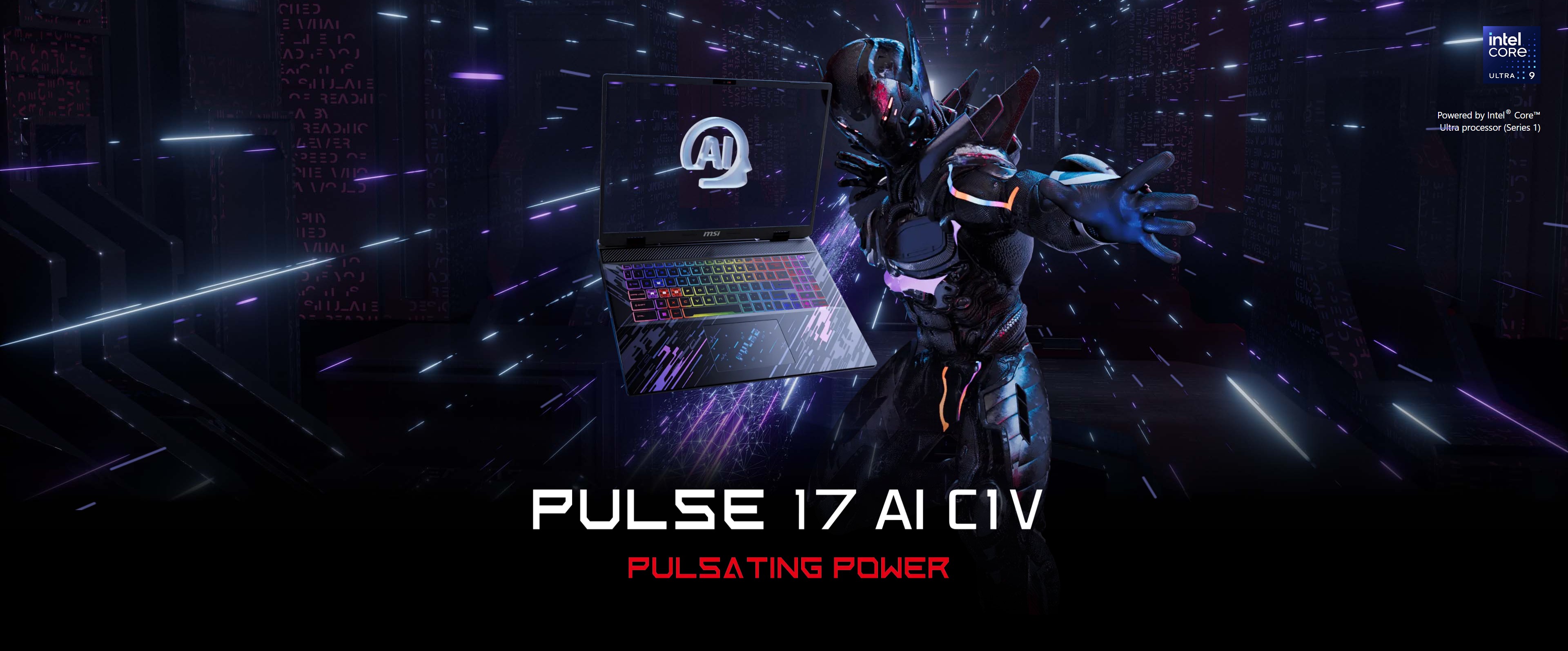 A large marketing image providing additional information about the product MSI Pulse 17 AI (C1V) - 17" 240Hz, Core Ultra 9, RTX 4070, 32GB/1TB - Win 11 Gaming Notebook - Additional alt info not provided